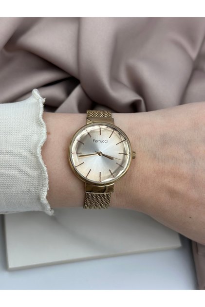 Kristal Kesim Camlı Rose-Gold Hasır Kordon Şık Tasarım Ferrucci Kadın Saati