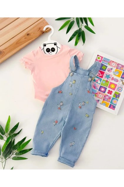 Flower Patterned Baby Girl 2-Piece Denim Salopet
