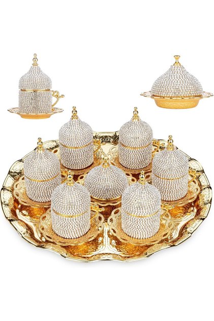 Kahve Sunum Seti Kahve Fincanı 6 Kişilik Takım Türk Kahvesi Arap Fincan Gold Kristal Taşlı