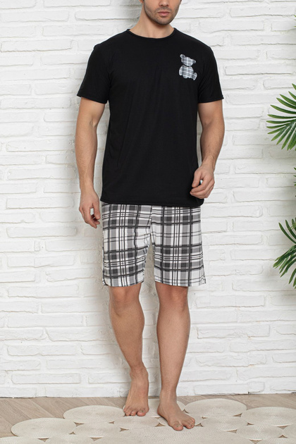 Black Regular Fit Plaid Shorts Knitted Pajamas Set Tmnss25Pt00037