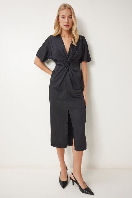 Women's Black Crinkle Effect Knotted Midi Dress Ub00313