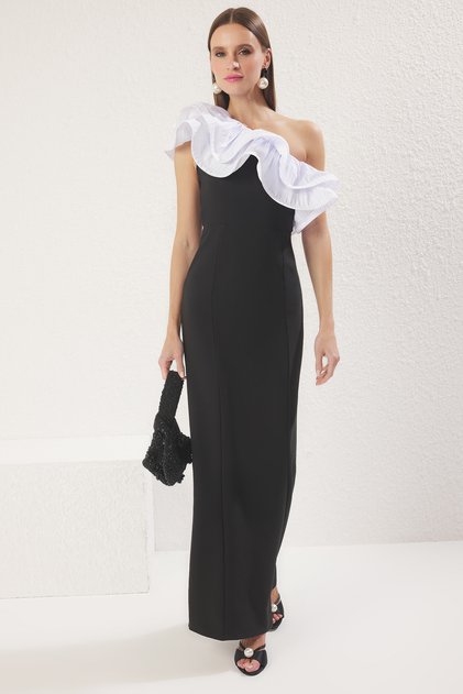 Black-White One-Shoulder Flounces Woven Long Stylish Evening Dress Night Graduation Dress Tprss25Ae00123
