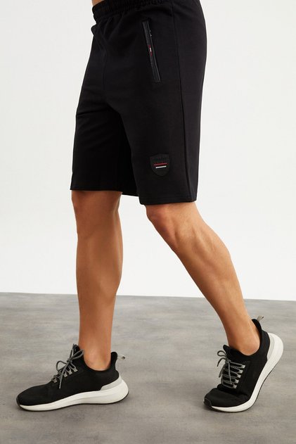 201759 Black Men's Shorts with Pocket Embroidery Detail