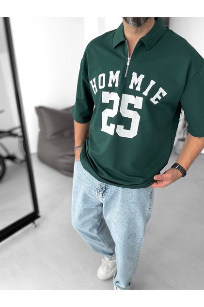 Dark Green 25 Printed Half Zipper T-Shirt Lb-2009