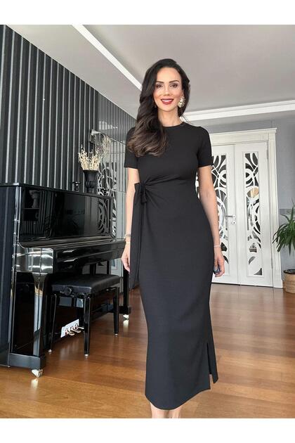 Atelier Derin Black Side Tie Modal Dress- Trendyol Atelier Derin Black Side Tie Modal Dress- Trendyol