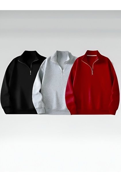Yarım Fermuarlı Baskısız Siyah-Gri-Kırmızı Sweatshirt 3'lü Set