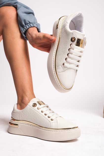 Altın Detaylı Beyaz Kadın Sneaker - Kalın Tabanlı ve Modern Tasarım Trend Spor Ayakkabı