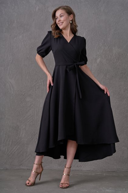 Țesătură Atlas flexibilă cu curea croială asimetrică lungime midi Rochie de seară evazată neagră Rochie de banchet 410