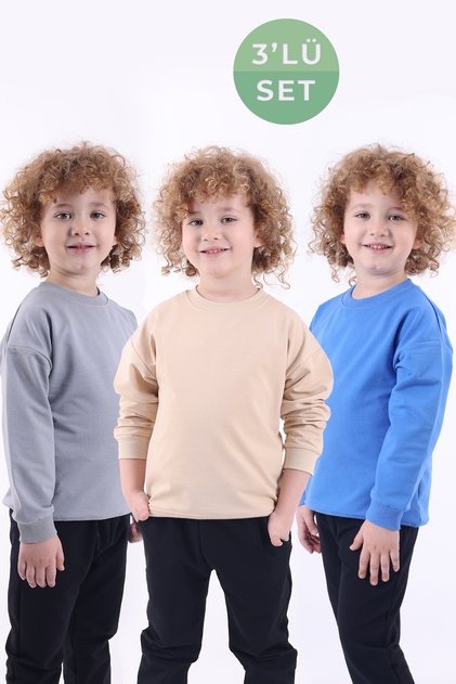 Set of 3 Seasonal Oversize Basic Sweatshirts (Blue Gray Beige)