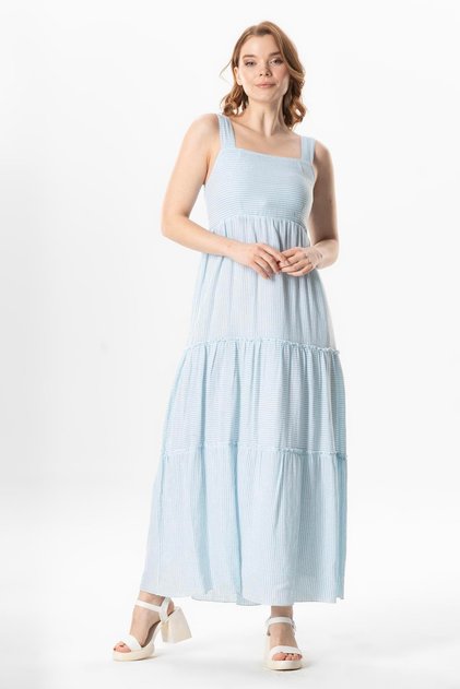 Strap Şile Cloth Square Collar Talisman Long Summer Dress Blue Striped Mvbyz