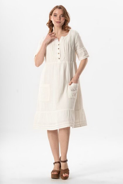 Short Sleeve Square Collar Dora Pocket Detailed Midi Length Muslin Summer Dress Off-White Krkbyz