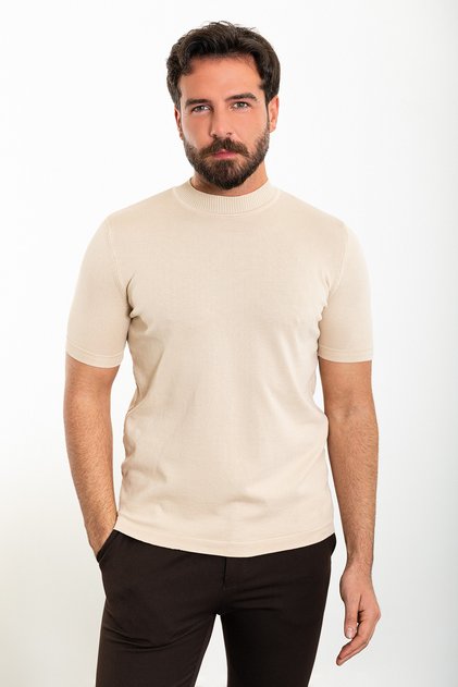 Plain Slim Fit Half Turtleneck Men's Knitwear T-Shirt Beige - 11530.25Y