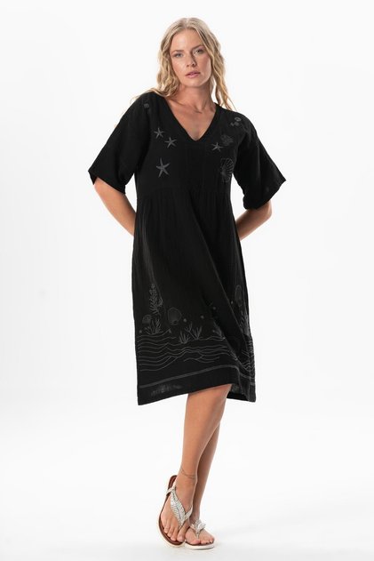Short Sleeve V-Neck Alize Embroidered Midi Length Muslin Summer Dress Black Syh