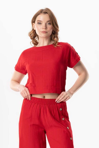 Short Sleeve Izel Summer Muslin Blouse Red Krmz