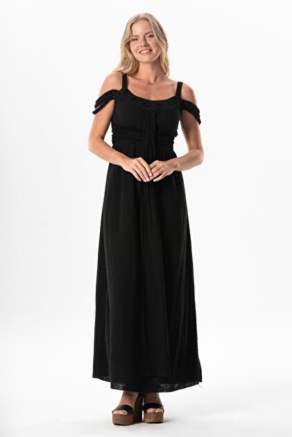 Eli ile Bezi Strappy Cleopatra, Sleeve Detail Long Skirt Dress Black-  Trendyol