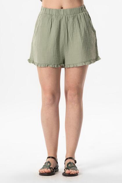 Elastic Waist Duru Ruffle Detailed Muslin Summer Short Shorts Olive Green Zytnysl