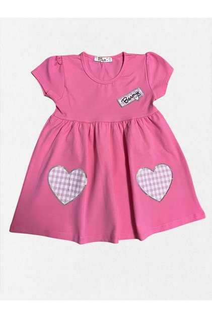 Girl's Pink Color Dress with Plaid Heart Embroidery Suitable for Eid and Daily Use