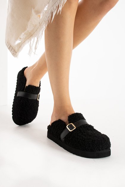 Mufy Women's Furry Single Buckle Warm Black Indoor Slippers