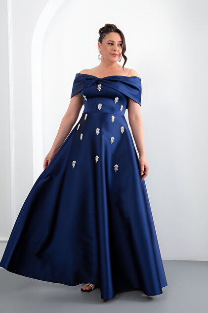 Lafaba Women's Navy Blue Slim Fit Strapless Rhinestone Plus Size Long Satin Evening  Dress- Trendyol