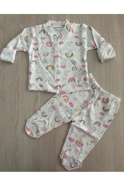 Unisex Baby Cloud Printed Organic Cotton 0-3 Month Baby Pajama Set with Gloves and Booties