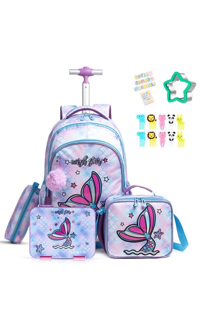 18Inch Set of 4 Trolley School Bag with Bento Lunch Box, Lunch Bag and Pencil Case - Mermaid Purple