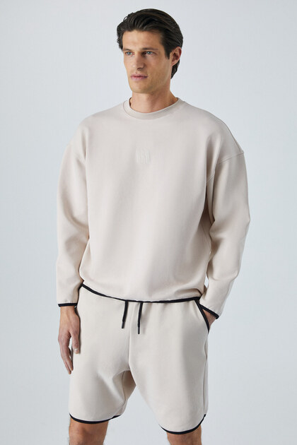 Plemon Men's Crew Neck Long Sleeve Print Detail Oversize Stone Color Sweatshirt