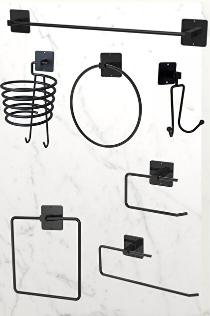 7'li Süper Set Siyah Fön Makinesi Askısı Havluluk Wc/Tuvalet Kağıtlık Rulo Havluluk Mutfak Banyo Set