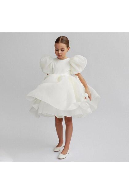 Balloon Sleeve Organza Design Evening Dress with Crystal Tulle Organza Girls' Dress Children's Evening Dress
