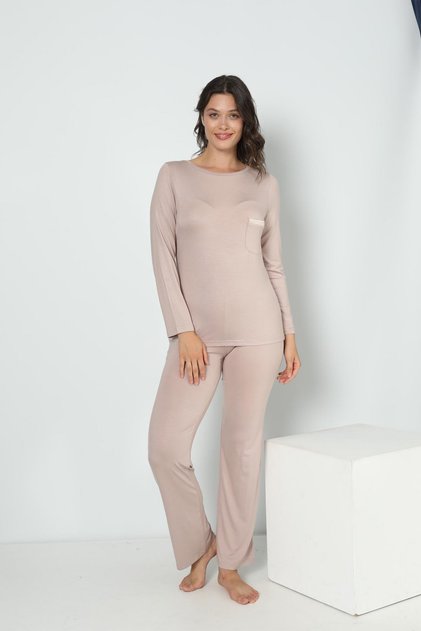 Women's Long Sleeve Crew Neck Viscose Stone Pajama Set C9T3N5O-048