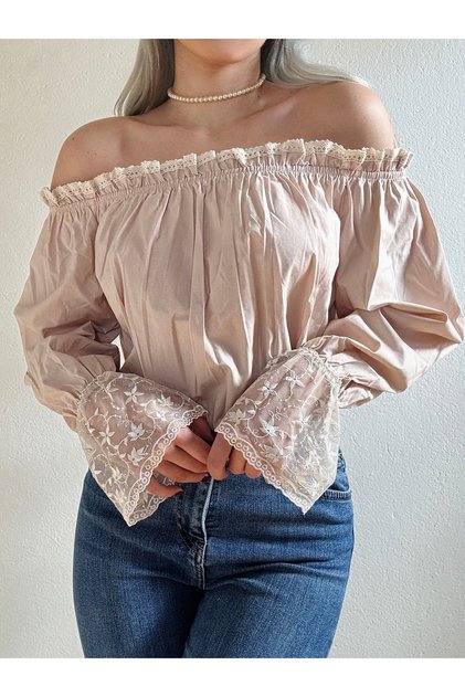 Vintage cu umăr, talie elastică, crop, cămașă de epocă