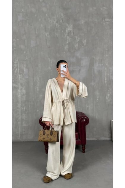 Natürlicher 100% Baumwolle Ärmel Bias Shirt Seite Spitze detaillierte Hose Anzug - 7493 - 3749