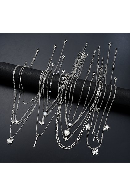 AYASilver 13Pcs/Set Simple Temperament Necklace Set Butterfly Pearl Heart Star Zircon Silver Color N