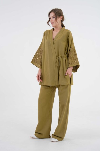 Women's Oil Green Sleeves Sequin Sequin Embroidered Linen Kimono Jacket and Pants Bottom/Top Set 21061