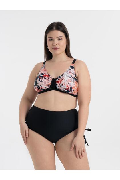 Kadın Büyük Beden Siyah Papatya Desen Katrina Toparlayıcı Yüksek Bel Bikini Takımı