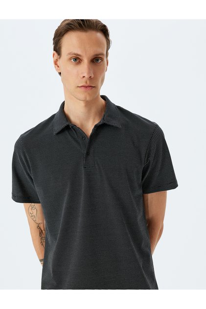 Short Sleeve Cotton Blend Regular Fit Heart Detail Striped Polo Neck T-Shirt