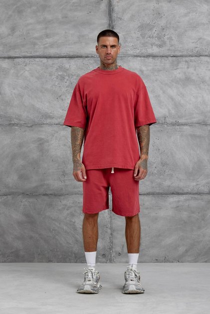 Men's T-Shirt Red Oversize Crew Neck Thick Cotton Fabric
