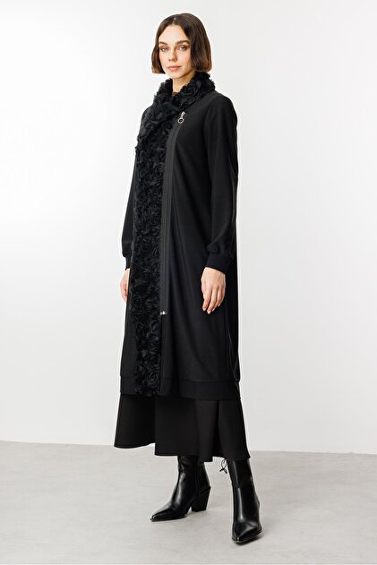 Micca Kordene Gül İşleme Beden Dökümlü Kumaş Ferace Kap-Siyah