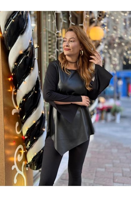 Park Moda Asimetrik Deri Detaylı Bluz