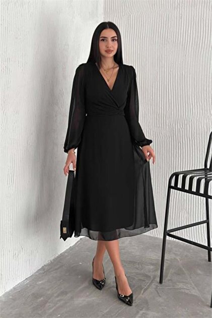 Dipmoda Women's Black Lining Chiffon Dress Dpk30281- Trendyol