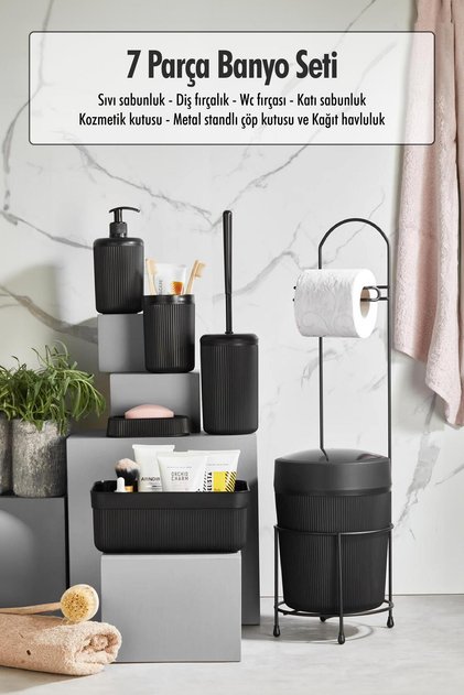 7-Piece Black Bathroom Set with Metal Stand, Bucket, Toilet Paper Holder, Cosmetic Box, Toothbrush Holder, and Soap Dish