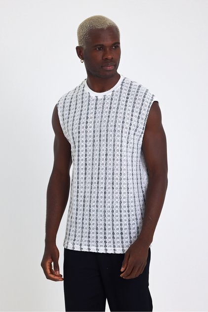Jacquard Cotton Black Sleeveless Oversize Undershirt
