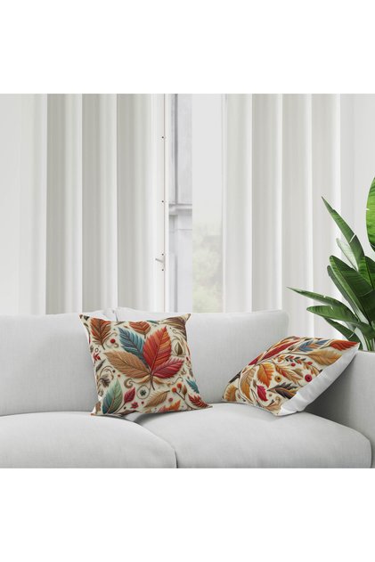 Punch Embroidered Patterned Autumn-Themed Daisy and Leaf Patterned Digital Print 2-Piece Cushion Covers