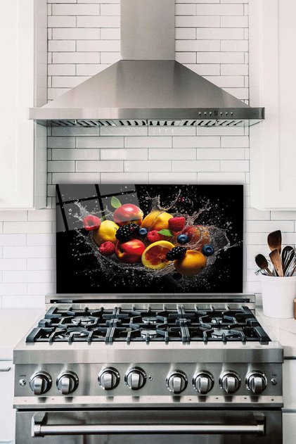 Colorful Fruits in Water Glass Stove Back Protector, Heat Resistant, Countertop Built-In Protection
