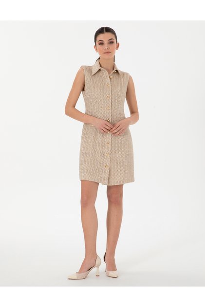 Beige Regular Fit Tweed Dress 50305999-Vr011