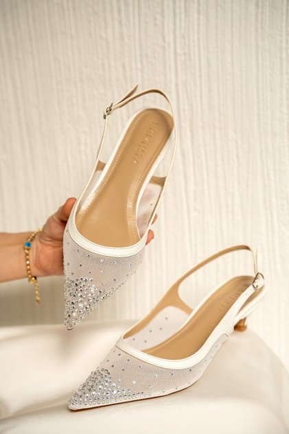 Yomy White Stone Mesh Women's Heeled Shoes