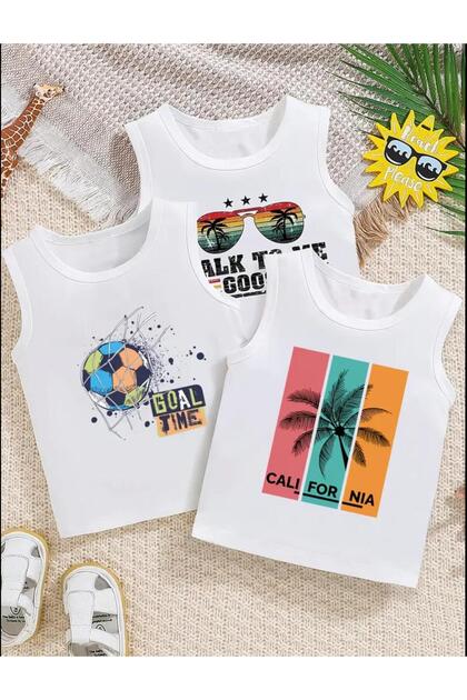 Erkek Çocuk Sıfır Kol 3'lü Paket Beyaz Hawaii Gözlük-GoalTime-California Baskılı Penye Tişört