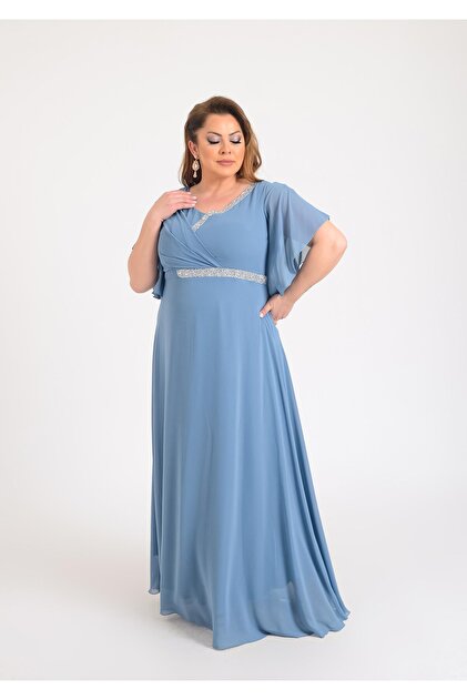 LLAS XXL Long Mint Colored Chiffon Plus Size Evening Dress- Trendyol