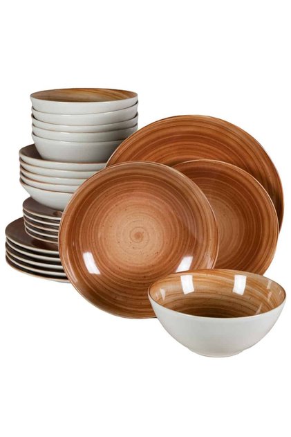 Set farfurii 24 piese, pentru 6 persoane, Earth, Cesiro, Alb Ivoire cu maro