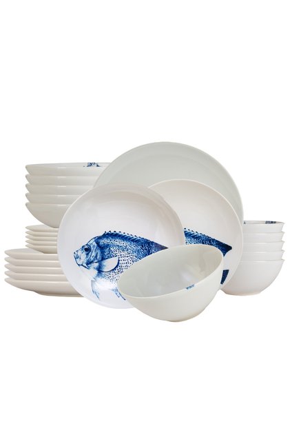 Set farfurii 24 piese, pentru 6 persoane, Spectacol Subacvatic, Cesiro, Alb decor pesti
