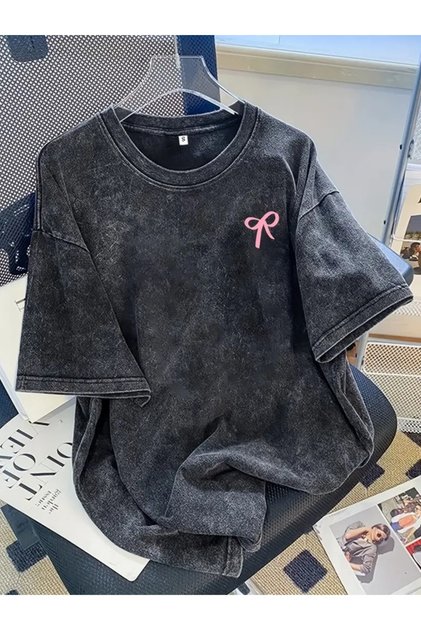 Ribbon Printed Washed Oversize Vintage Tshirt
